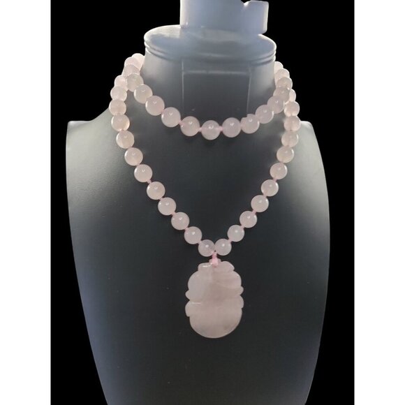 Chinese Rose Quartz Hand Knotted Mala Lotus Design Necklace 28" Vintage - Picture 13 of 16